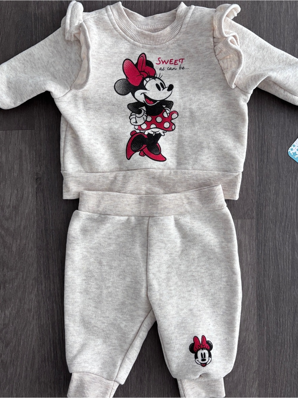 Disney Baby Minnie 2 piece Sweatshirt Sweatpants Set Ruffle Beige 0-3m
